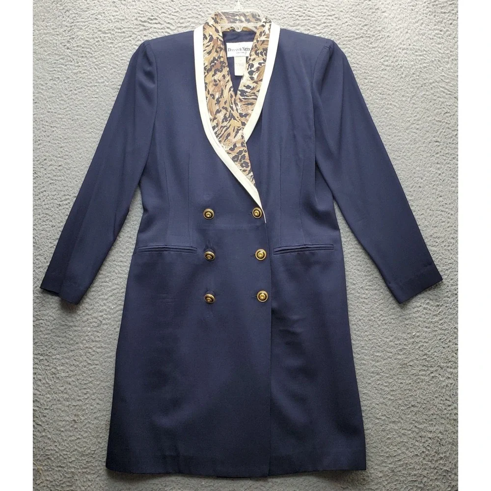 Danny & Nicole Blazer Dress Womens 8P Navy‎ Leopard Print Shawl Collar Formal